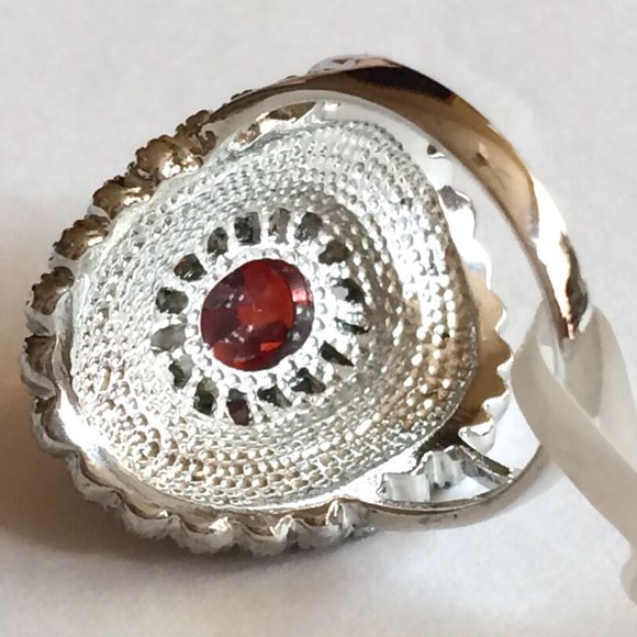 Art Deco Ruby Marcasite Cocktail Ring Size 6 7 Silver Rhodium Plated Simulated - Picture 8 of 12